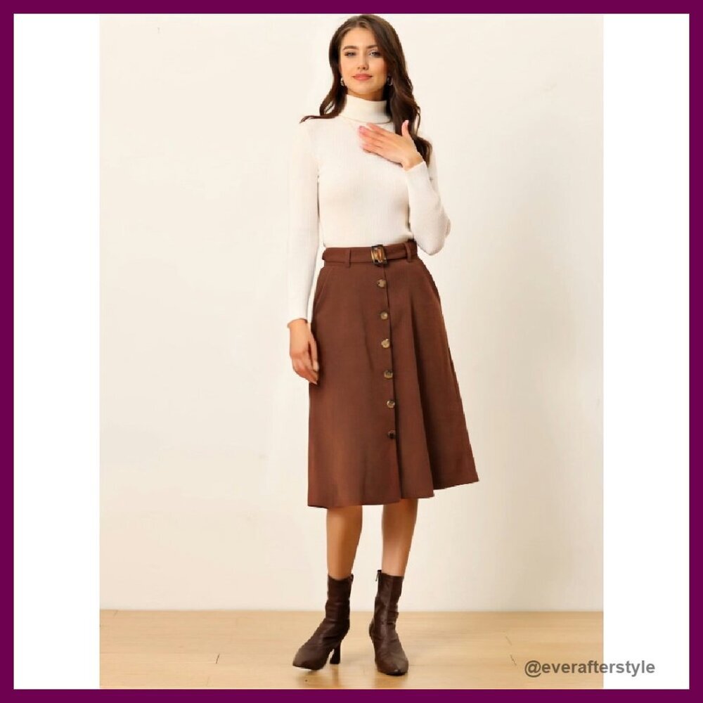 Corduroy Midi Skirt High Waist A-Line Retro Chic Button Front Belted - Picture 8 of 8